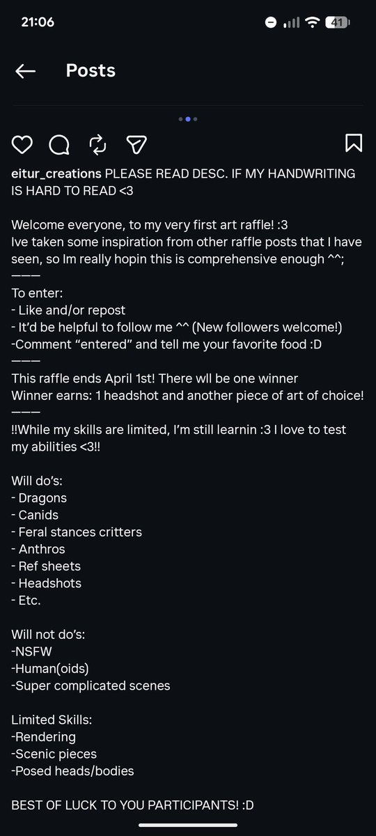 EiturCreations's tweet photo. Come say hai to me on Instagram! 
I've finally set up my first art raffle, and rules will follow this post hehe |user in screenshot|

(Worry not about the adoptable, it will come soon hehe, I just decided to do one at a time for now!)
#furry #art #raffle #smallartist #highlights https://t.co/2AeA94xQAv