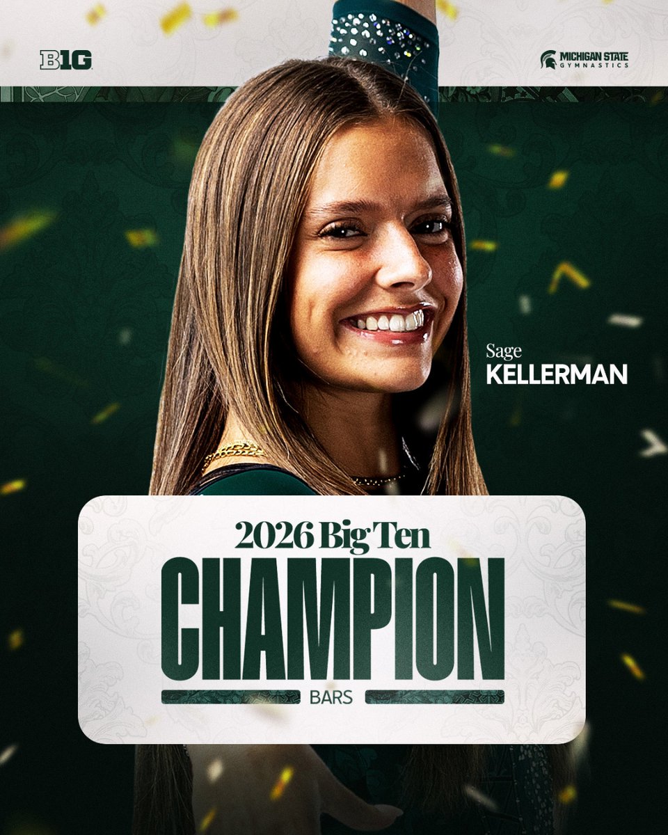 MSU_Gymnastics's tweet photo. Sage Kellerman is a Big Ten individual champion for the second time in her career!  

🥇 Bars champion 
🥉 Third place - vault 
⭐ All-Championship team https://t.co/VdU2iycOf7