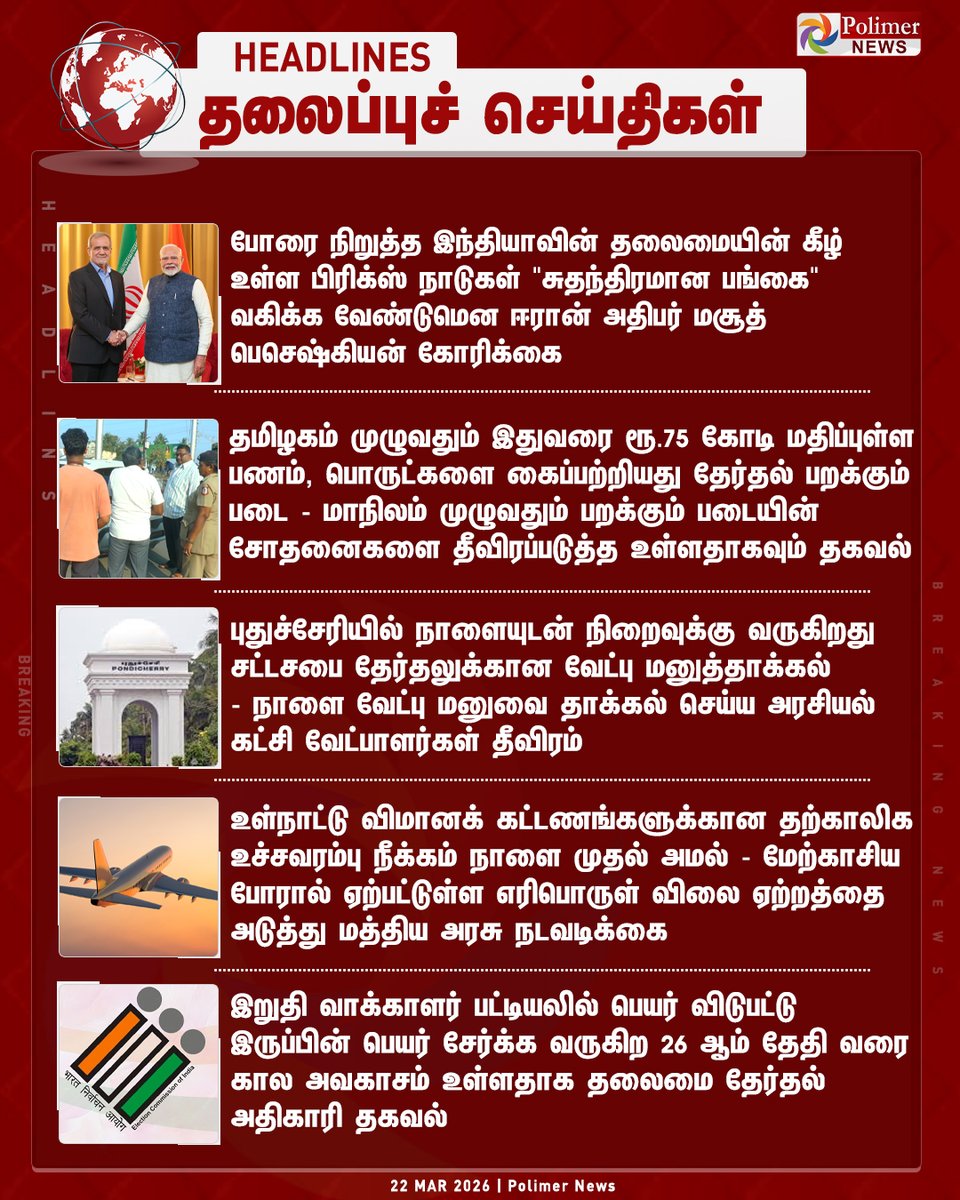 polimernews's tweet image. #HEADLINES || தலைப்புச்செய்திகள் | #PMModi | #India | #IranWar‌ | #ElectionCommission | #TNElection2026 | #TNElection | #Puducherry | #PolimerNews