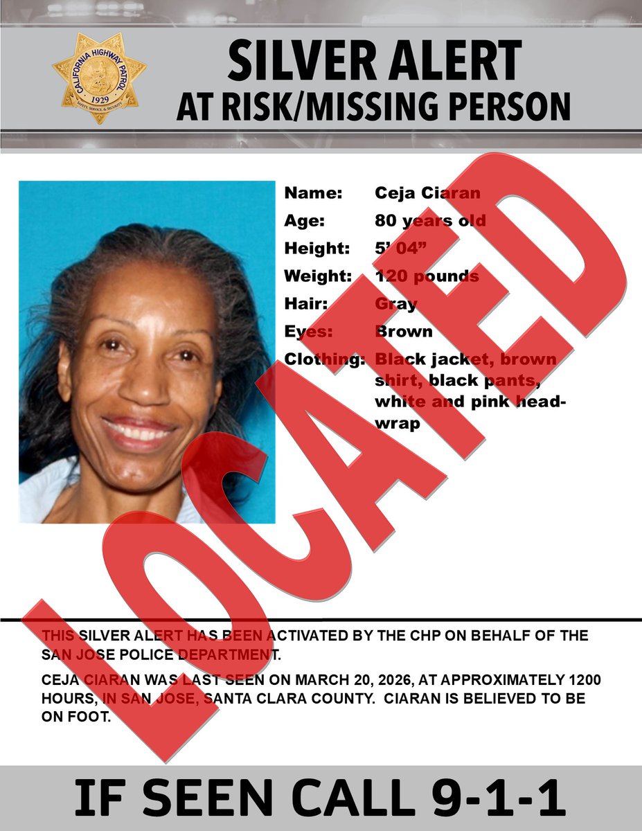 ***This Silver Alert has been deactivated. 
The subject has been located. ***
*********************************************
SILVER ALERT - Santa Clara, Alameda, San Francisco, and San Mateo Counties
Last seen: Senter Road and San Ramon Way, San Jose
@SanJo