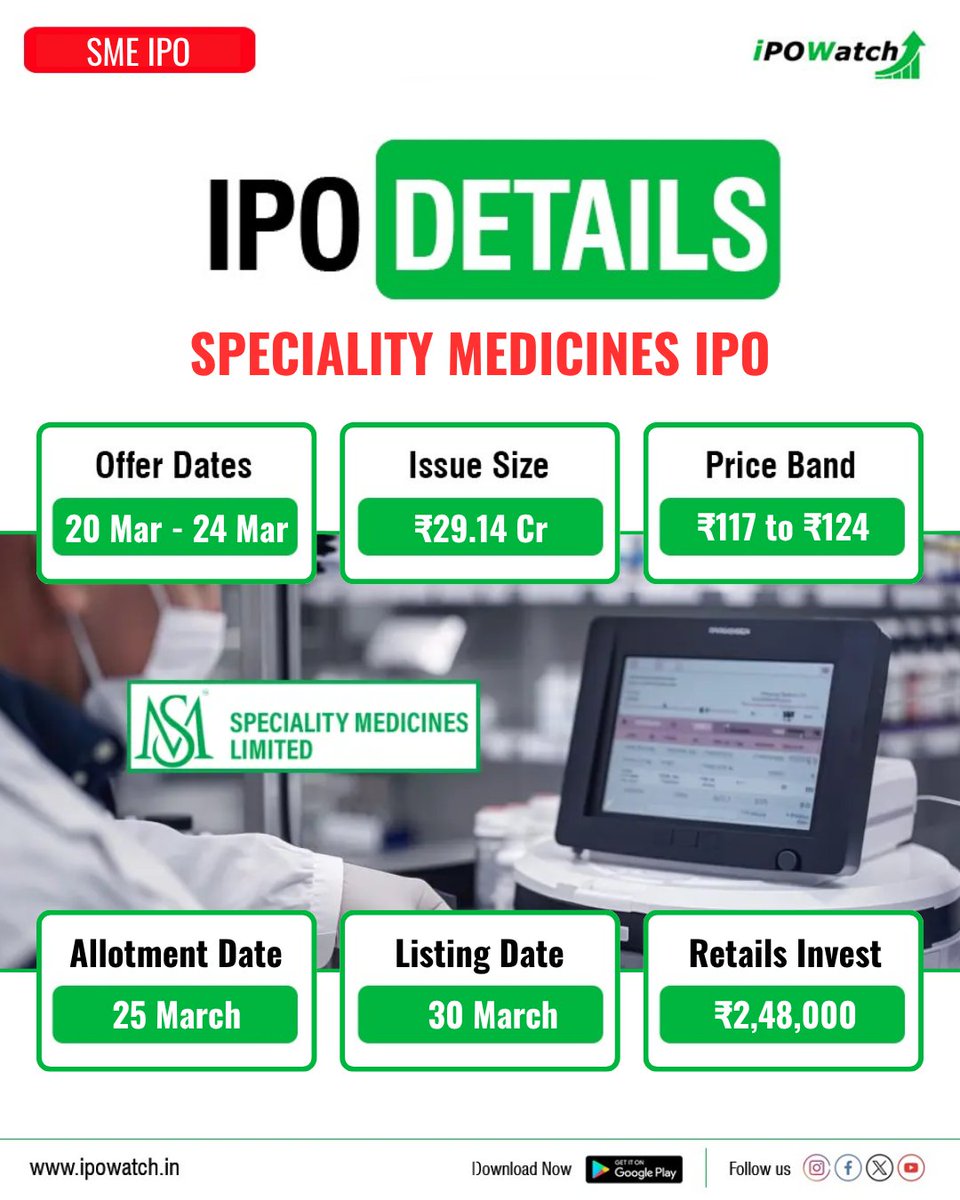 ipowatch_info's tweet image. SME IPO

Speciality Medicines IPO

Date:20-24March., 2026
Size: ₹29.14 Cr Approx
Price : ₹117 to ₹124
Lot:2,000 Shares

#ipoupdates #ipodetails #specialitymedicinedipo