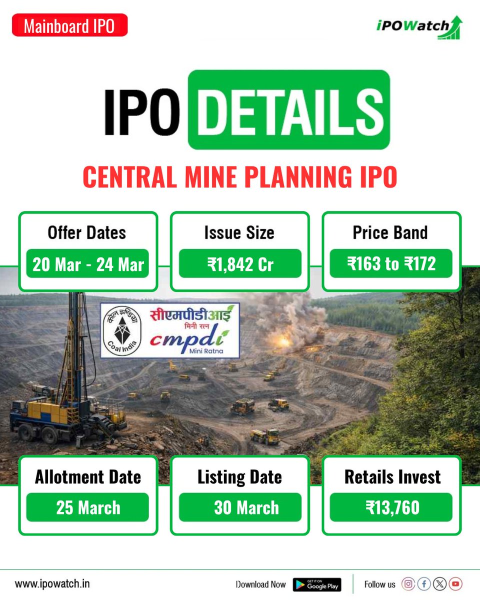 ipowatch_info's tweet image. Mainboard IPO

Central Mine Planning IPO

Date:20-24March., 2026
Size: ₹1,842 Cr Approx
Price : ₹163 to ₹172
Lot:80 Shares

#ipoupdates #ipodetails #centralmineplanningipo