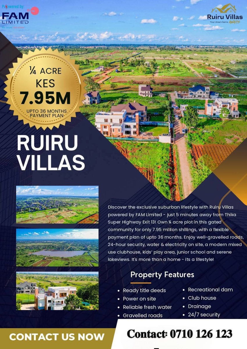 AvenaHomesKenya's tweet image. Prime Plots at Ruiru Villa
📍 Along Ruiru - Kiganjo Rd. Adjacent Daykio Estate, Fahari Estate and HFC

𝐂𝐨𝐧𝐭𝐚𝐜𝐭: 𝟎𝟕𝟏𝟎 𝟏𝟐𝟔 𝟏𝟐𝟑

#Avenahomes #Ruiruvillas #primeplots #Ruiru #Ruiruplots #KenyaInvestors #Residentialplots #realestate #KenyaHomes #RuiruRealEstate
