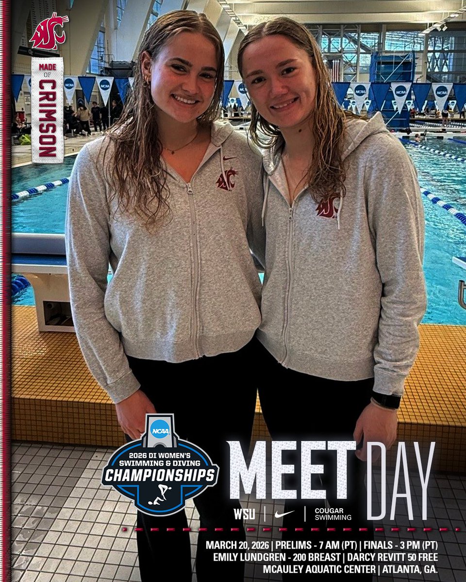 wsucougarswim's tweet photo. 𝙈𝙀𝙀𝙏 𝘿𝘼𝙔 𝙖𝙩 𝙩𝙝𝙚 𝙉𝘾𝘼𝘼 𝘾𝙝𝙖𝙢𝙥𝙞𝙤𝙣𝙨𝙝𝙞𝙥𝙨!

Emily Lundgren | 200 Breast
Darcy Revitt | 50 Free

Prelims - 7 am (PT) | Finals - 3 pm (PT) 
LIVE RESULTS | https://t.co/HU5iXCXW5W
WATCH | ESPN+ | https://t.co/XPvuhQ15EI

#GoCougs | #MadeOfCrimson https://t.co/anNUhfXmrS