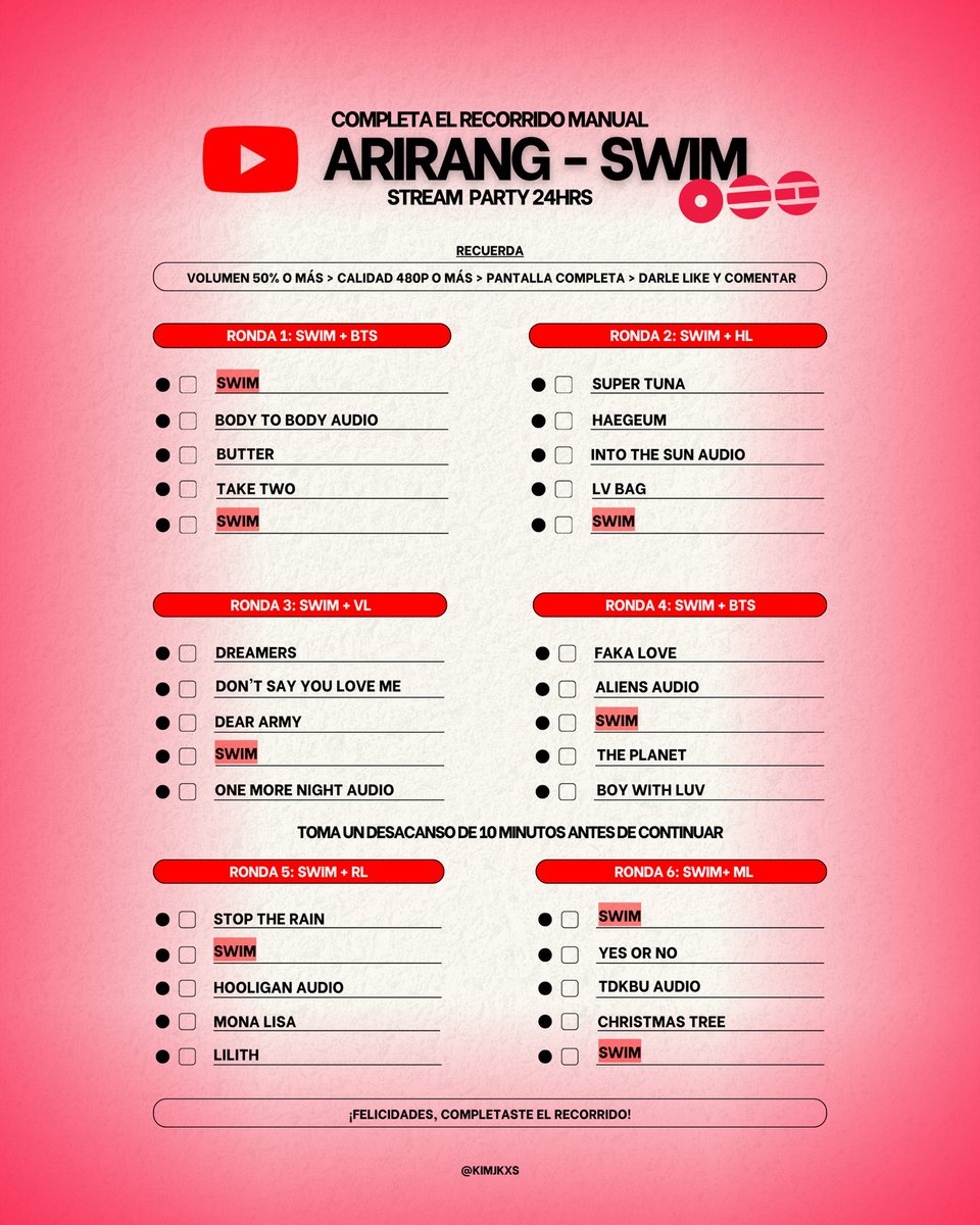 kimjkxs's tweet image. — ARIRANG &amp;amp; SWIM STREAM PARTY. 🚢🔥

¡ARMY, completa tu checklist en YouTube. Realiza el recorrido manual y comenta tus capturas junto a las palabras claves! 

⏰: 24HRS

ARIRANG OUT NOW 
ARIRANG BY BTS OUT NOW 
#BTS #BTS_ARIRANG #BTS_SWIM 
#ARMYonYouTube