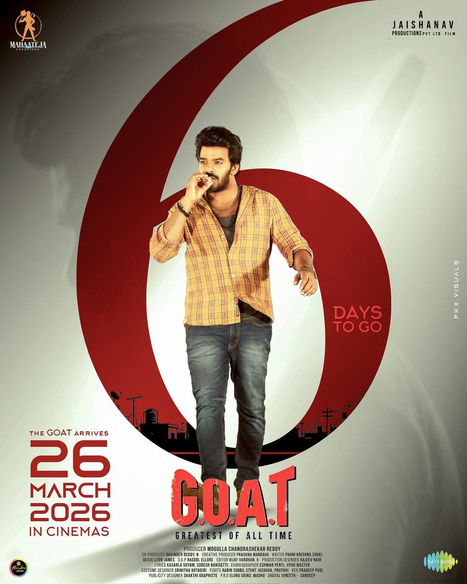 pkxvisuals's tweet photo. More 6 Days to Go #GOATtheMovie
26th March 2026 In Cinemas
06/10 Days Countdown post
@sudheeranand
@divyabarti2801
@MahatejaC
#GOAT #GOATtheMovie #GOATPromotions
#goatonmarch26th #sudigalisudheer #divyabharathi #rainbowmedia #sudheeranand #countdownposter #posters #pkxvisuals https://t.co/GPBSeesWwc
