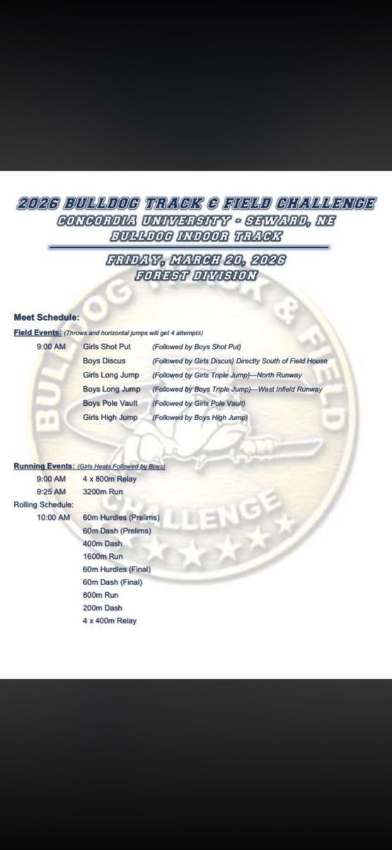 So it begins! Bergan Track &amp; Field kicks off the season tomorrow at Concordia Indoor! 9AM. Follow the results live! Go Knights!! 

💨 🏃 💨 

Live stream: youtube.com/c/BulldogTrack… 

Meet info: cune.edu/athletics/team…
