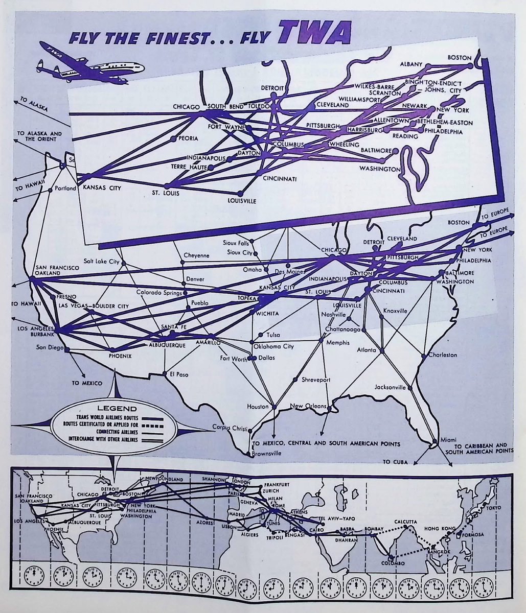 n194at's tweet image. Trans World Airlines route map August 1, 1955 credit Air Transport Archive #AvGeek #TWA @FlyTWA @FlyTransWorld