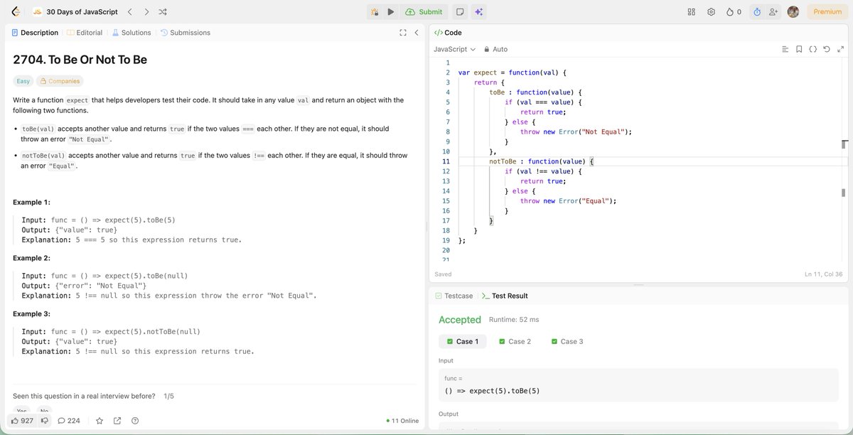 Dipayannath2's tweet photo. Day 3/30 JS Challenge 🚀

Solved LeetCode 2704 — built an expect function returning toBe &amp; notToBe.
Used closures + lexical scope to compare values and throw errors.
Great practice on nested objects inside functions 💻 https://t.co/alX8j6fgrZ