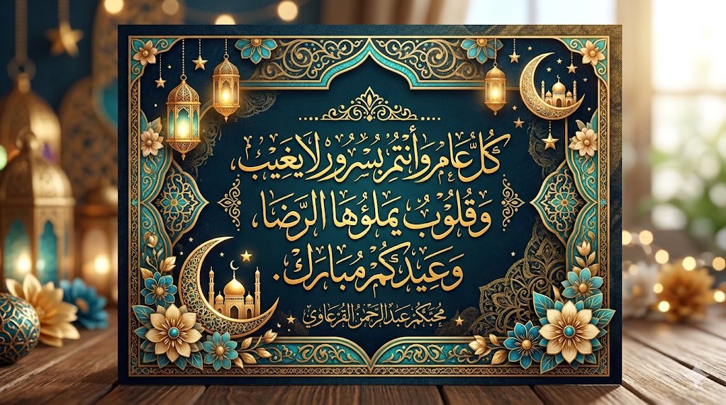 كل عام وأنتم بسرور لا يغيب،

وقلوب يملؤها الرضا،

وعيدكم مبارك.