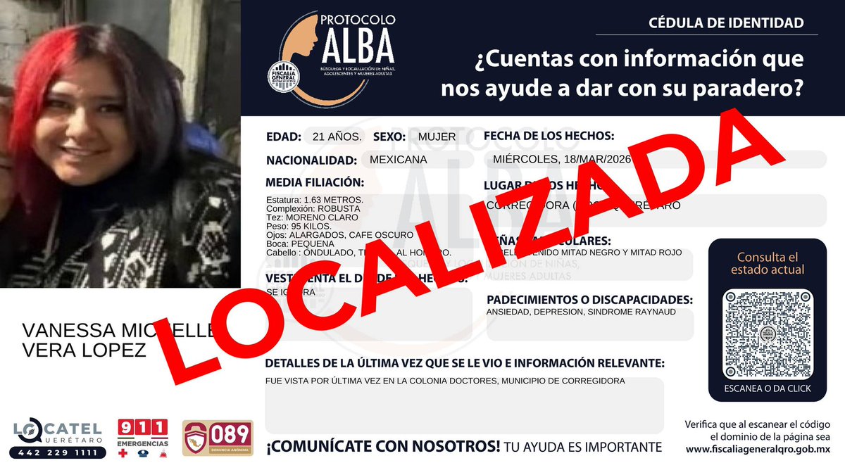 fiscaliaqro's tweet photo. ACTUALIZACIÓN | #AlertaALBA

VANESSA MICHELLE VERA LOPEZ ha sido localizada con vida, por lo que se desactiva la cédula de identidad emitida mediante #ProtocoloALBA

Será valorada por personal médico y el equipo interdisciplinario acorde a los protocolos, para verificar su estado de salud.

Agradecemos a la ciudadanía y a quienes compartieron la información para su pronta localización. #Conectar #QueLaRedNosAcerque #ParaQueNadieHagaFalta