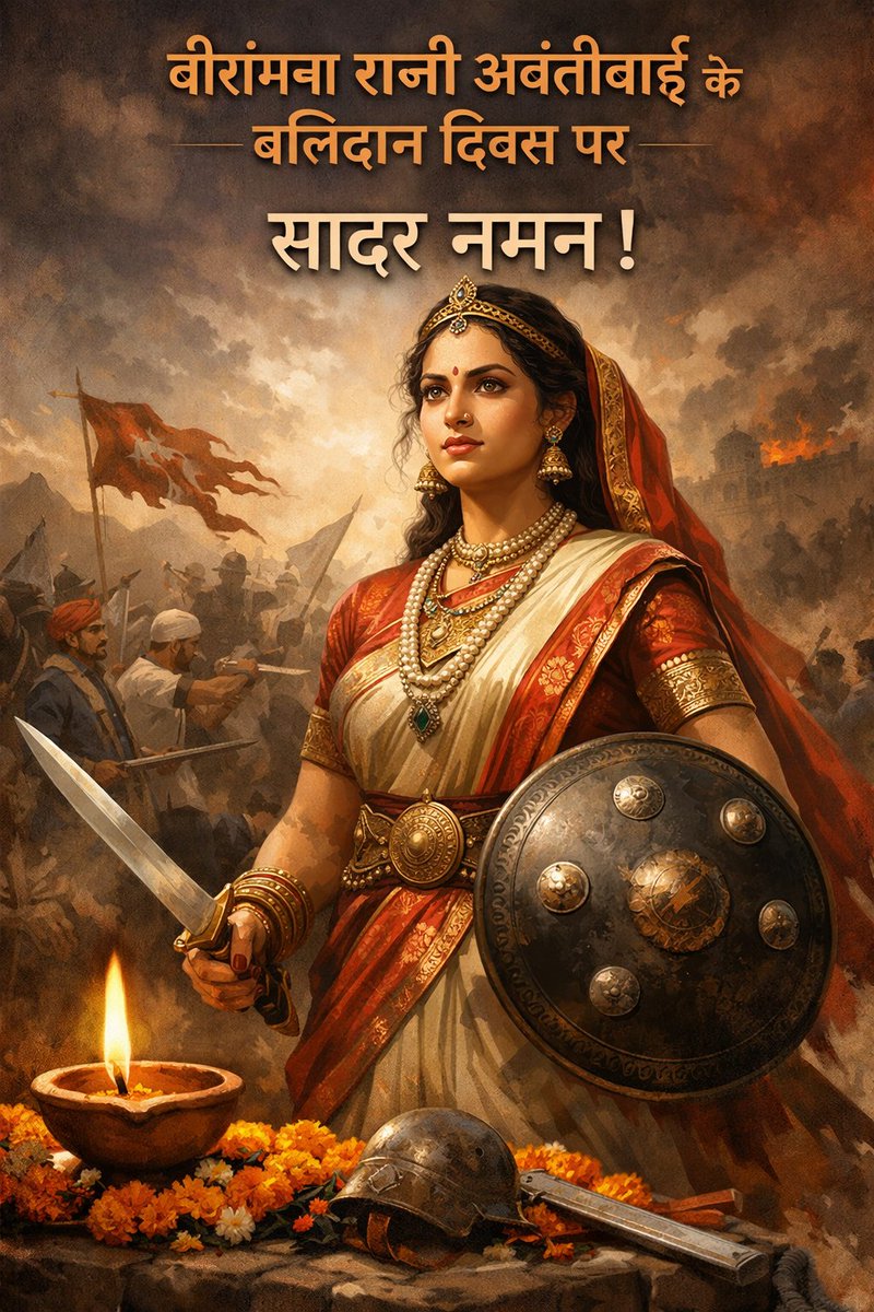 Pmish0703's tweet photo. 1857 के प्रथम स्वाधीनता संग्राम की अद्वितीय नायिका वीरांगना शिरोमणि अवंतीबाई, रानी रामगढ़ को बलिदान दिवस पर सादर स्मरण एवं नमन !!
#imagechatgpt https://t.co/oLCEJLq6lZ