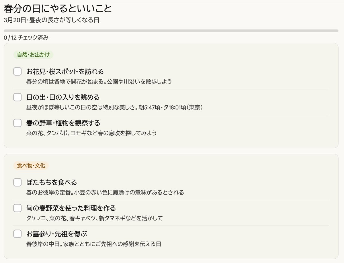 ymtsuga's tweet photo. 春分の日にやるといいことを、Claudeさんが教えてくれました。よくまとまってるなぁ。AIってすごいな… https://t.co/T7VL1xgpmS