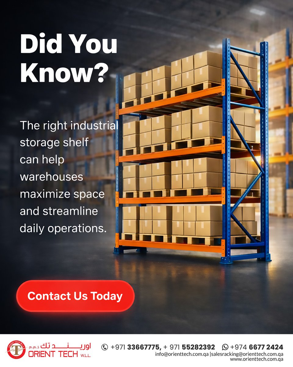 OrienttechMe's tweet image. Unlock the full potential of your warehouse space. 📦
Durable, efficient, and built for your business needs.

Contact us today!
📞WhatsApp at: +974 66772424

#OrientTechRacking #Racks #Shelves #Logistics #warehouseproblems #storageissue #supplychain #Logistics #overloading