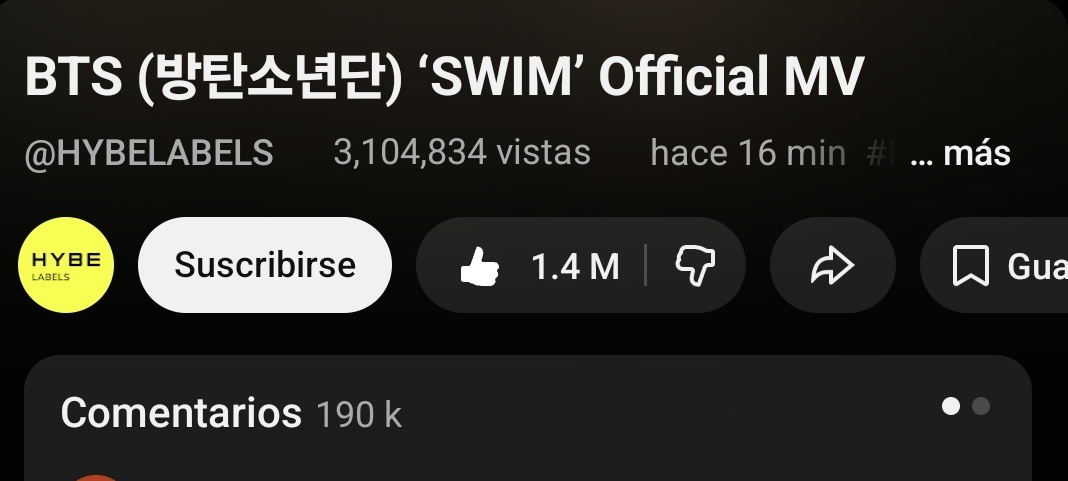EN MENOS DE 15MIN EL MV DE "SWIM" LLEGO A LOS 3M DE VISUALIZACIONES Y 1.4M DE LIKES Y 190K DE COMENTARIOS EN YOUTUBE!! ESO ARMYs, SIGAMOSSSSS 😭🔥