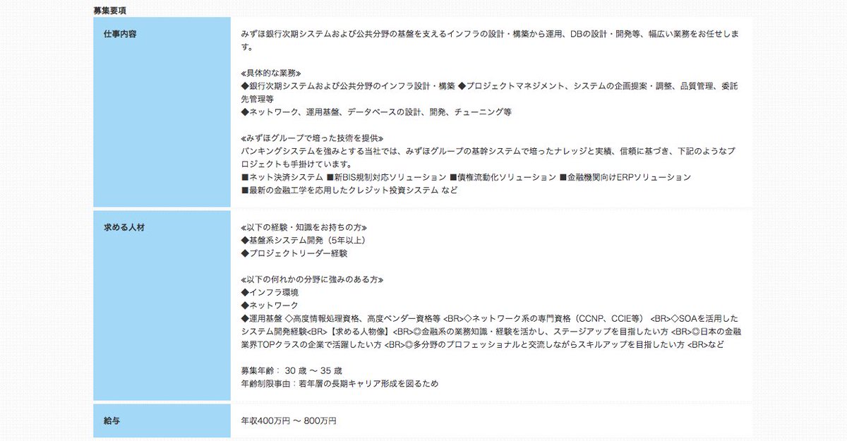 boku_higuma's tweet photo. 伝説となってるみずほ銀行のシステム開発の募集要項。この年収で人が集まると思ってるのがジワる。 https://t.co/EVY85aK0sk