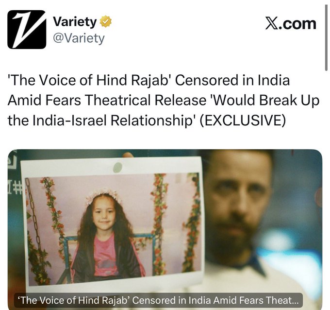 India has blocked Kaouther Ben Hania’s Oscar-nominated film about Palestinian girl Hind Rajab, killed by Israeli forces, after distributor Manoj Nandwana was warned it would ruin India-Israel ties. This cowardice shows fear of the truth.