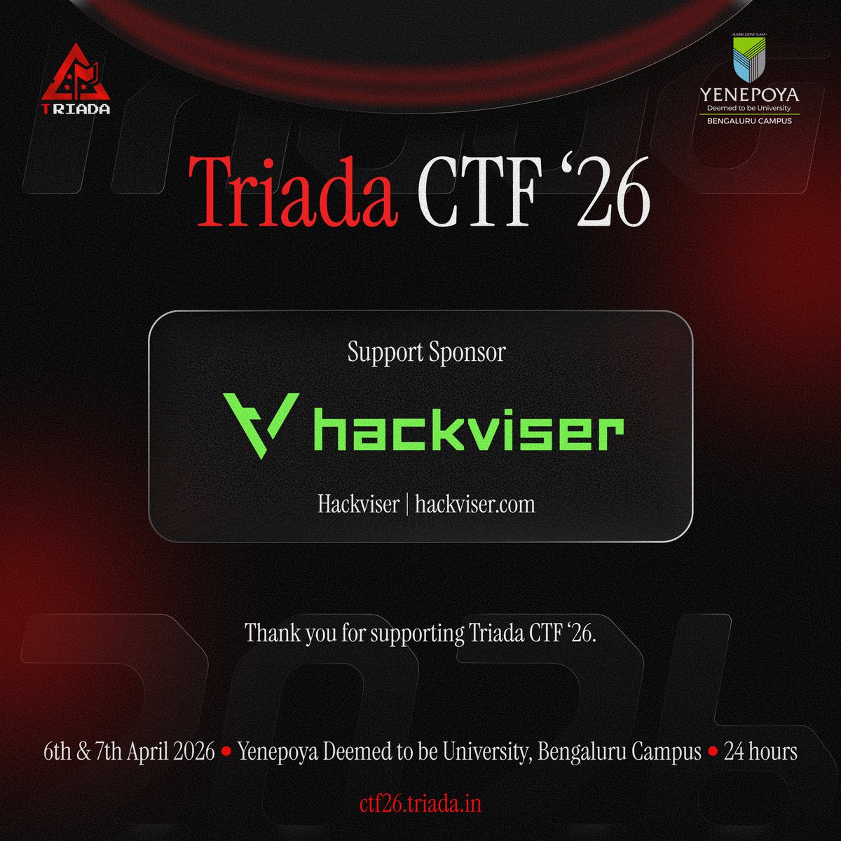 teamtriada's tweet photo. We’re proud to have @hackviserr  as a Support Sponsor for Triada CTF ’26! ⚡

Hackviser is a cybersecurity platform focused on hands on learning and skill development.

Join us for the 24-hour CTF at Yenepoya University, Bengaluru. https://t.co/mjJUeiDjH8