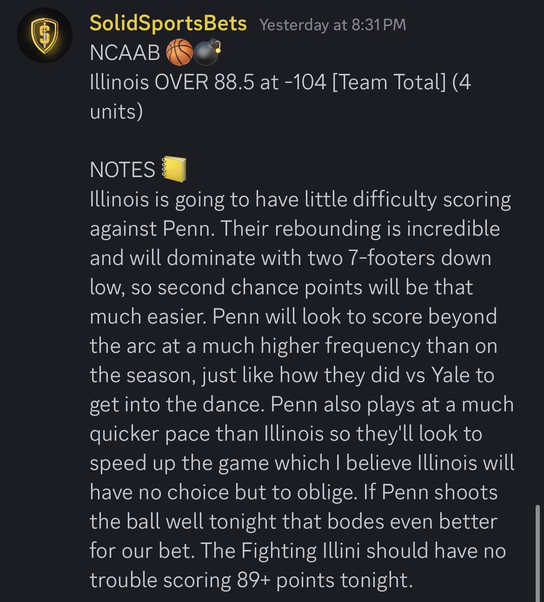 SolidSportsBets's tweet photo. FIGHTING ILLINI BREAK 💯 POINTS!

Illinois played like a team possessed in the 2nd Half and ran away with a 105-70 win against Penn. We CASH our Team Total with ease! ✅🏀 https://t.co/0Yn6nBZ7zF