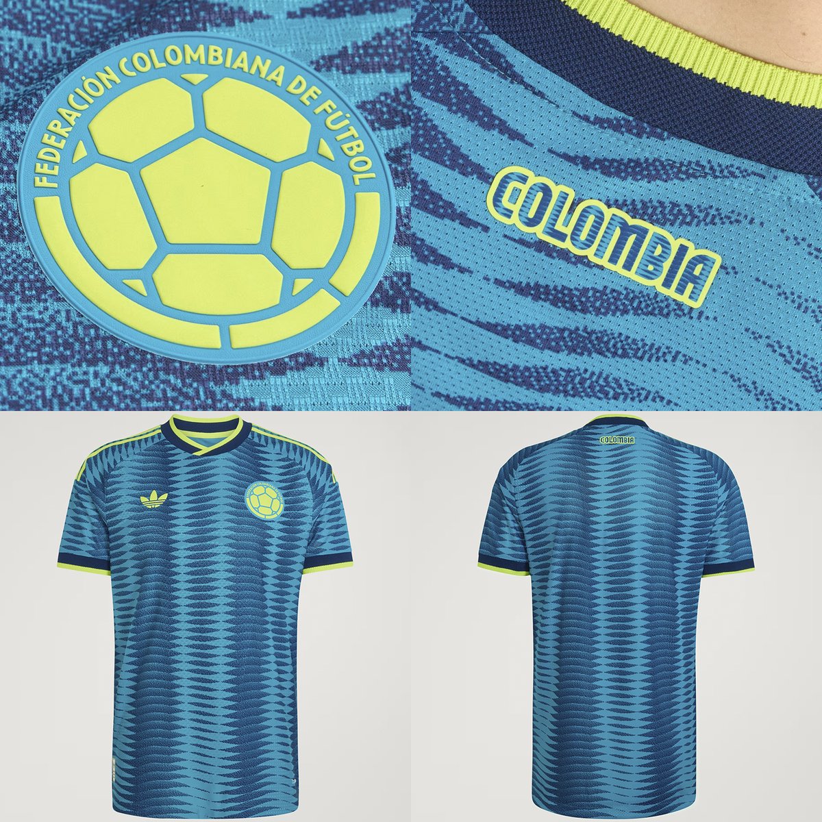 🇨🇴 <a href="/adidasfootball/">adidas Football</a> presenta la camiseta suplente de Colombia para el Mundial 2026.

Combina tonos azules y una trama ondeante en representación del Mar Caribe y el Océano Pacífico. Vivos y logos en amarillo neón. Nombre del país en la nuca.
