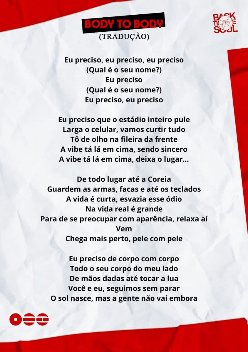 BackTheSoul's tweet photo. Tradução de “Body to Body” 

“Eu preciso de corpo com corpo
Todo o seu corpo do meu lado
De mãos dadas até tocar a lua
Você e eu, seguimos sem parar
O sol nasce, mas a gente não vai embora” https://t.co/OXVYdzQJG9