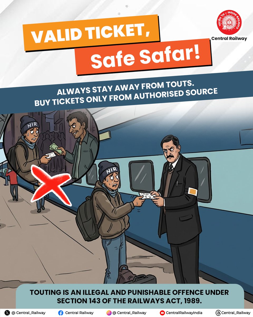 Central_Railway's tweet image. Say No to Touts! 🚫
Book your tickets only through authorised sources for a safe and hassle-free journey. ✨
Avoid touts and protect yourself from fraud. 🚆

#CentralRailway #RailwaySafety #ResponsibleRailYatri #SayNoToTouts