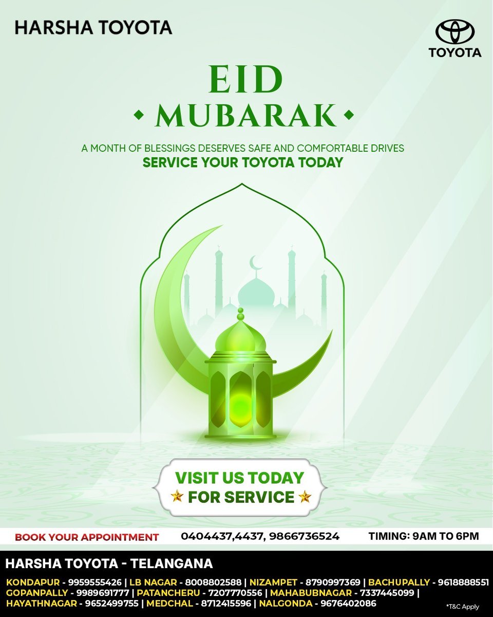 toyota_harsha's tweet photo. Happy Ramzan

This festive season, ensure your drive is as safe and comfortable as your celebrations. Give your Toyota the care it deserves with a professional service check.

#EidMubarak #HarshaToyota #DriveSafe #FestiveReady #ToyotaCare #ServiceTime #ToyotaService #Ramzan2026 https://t.co/TjyO7vQyaZ