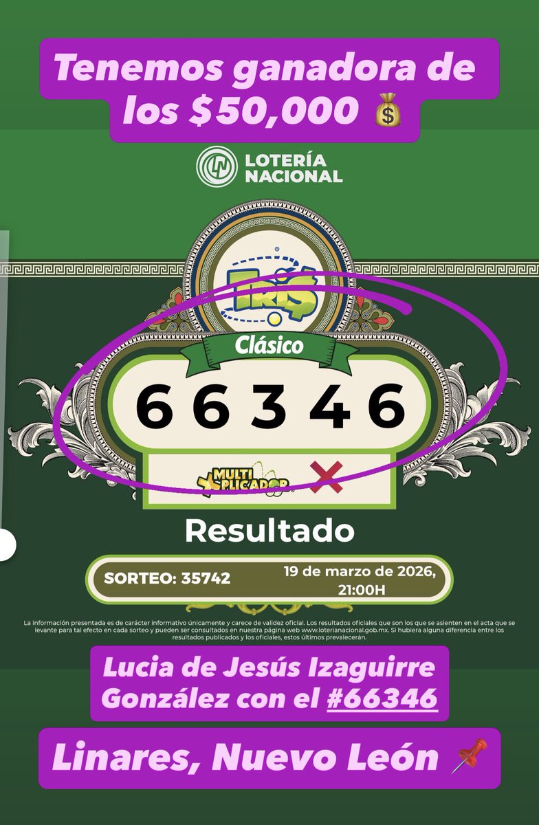 MMRifas5's tweet photo. 🎊Muchas felicidades 🎉 a‼️LUCIA DE JESUS IZAGUIRRE GONZALEZ‼️del municipio de #Linares #NuevoLeon quien fue la afortunada ganadora de los 50MIL💰de nuestro evento #122 con el número 👉🏻66346🍀 https://t.co/DeKlifTMQ4