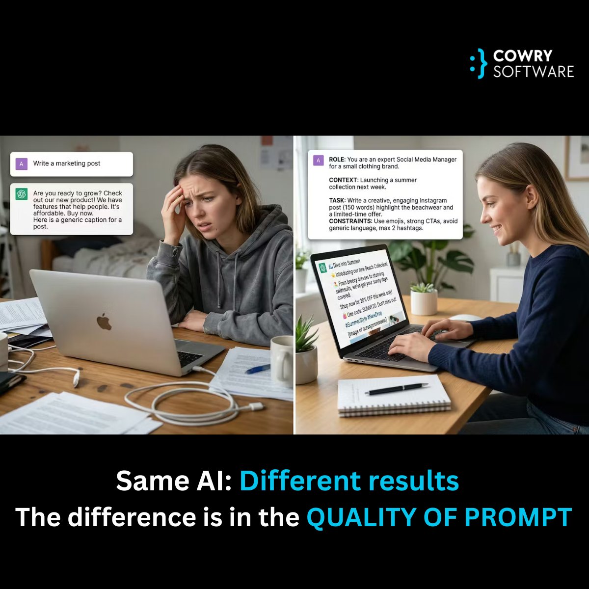 cowrysoftware's tweet photo. The most powerful AI skill most people don’t know: Prompting.

AI isn’t just about tools. It’s about input.
Weak prompt → generic output
Clear prompt → powerful results
Role + Context + Task + Constraints + Outcome
That’s the difference between average and exceptional AI. https://t.co/rgGKj6BaTC