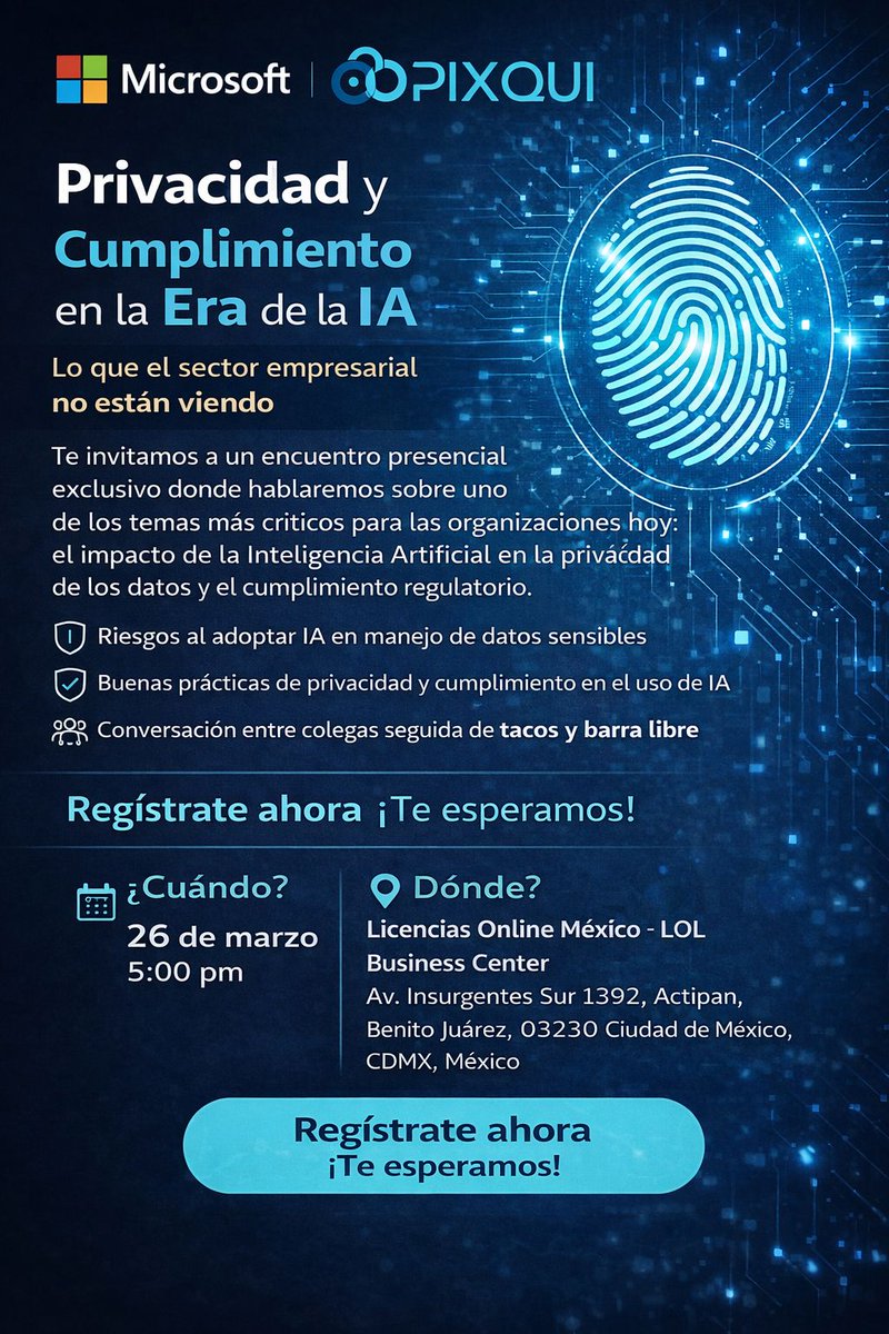 Mulix_Ulises's tweet photo. La IA ya está en tu empresa…
¿pero tus datos están protegidos?
Hablemos de privacidad, cumplimiento y riesgos en la era de la IA.
📅 26 de marzo | CDMX
📍 Insurgentes Sur
Regístrate:
https://t.co/v04PluTbia
#IA #Ciberseguridad #Compliance https://t.co/o55gWun0CT