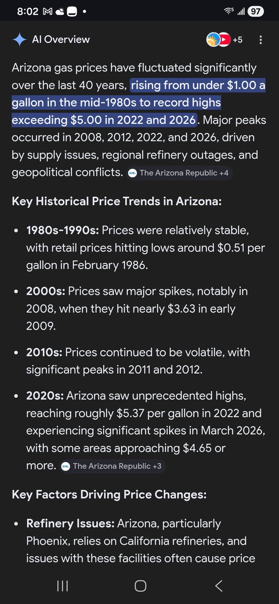 BryanCarde16449's tweet photo. @CalltoActivism Wow funny how the claim these are the highest gas prices in Airzona in 27 years is debunked by a 5 seconds Google search. Seeing as gas was $5.37 in 2022 under Biden. https://t.co/oximpQNF96