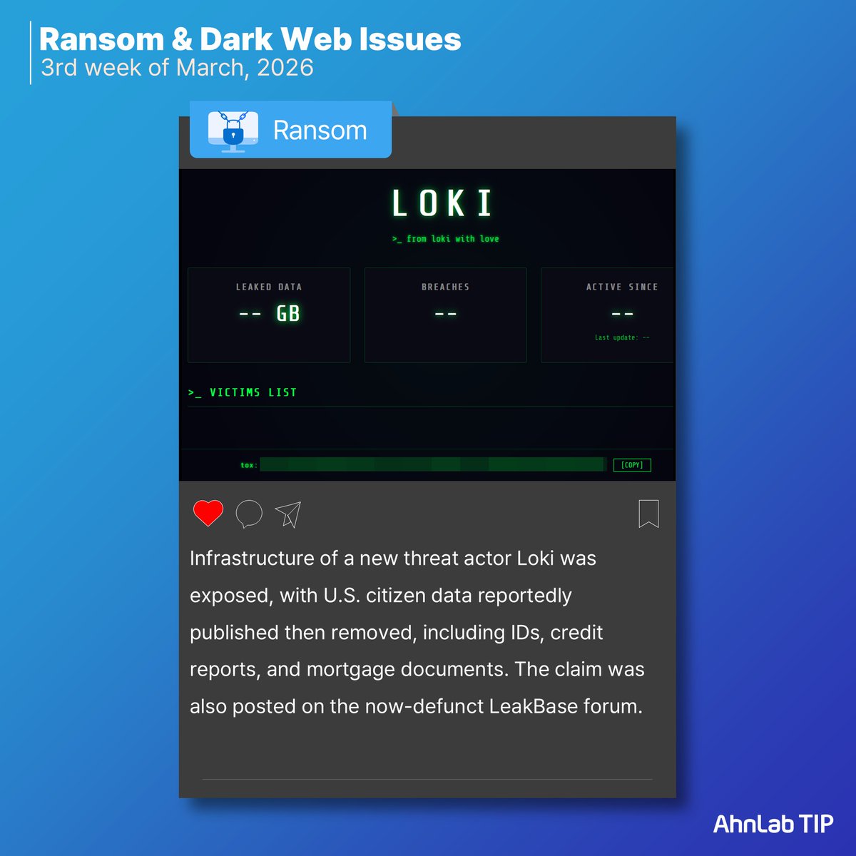 AhnLabGlobal's tweet photo. 📌 AhnLab TIP Weekly Report – 3rd week of March📌

🌐 Emerging threat actor CipherForce claimed an attack on a South Korean job portal
👾 Infrastructure of a new threat actor Loki was exposed
🚔 Cybercrime forum LeakBase was seized and shut down by international law enforcement

#Cybersecurity #Ransomware #TI