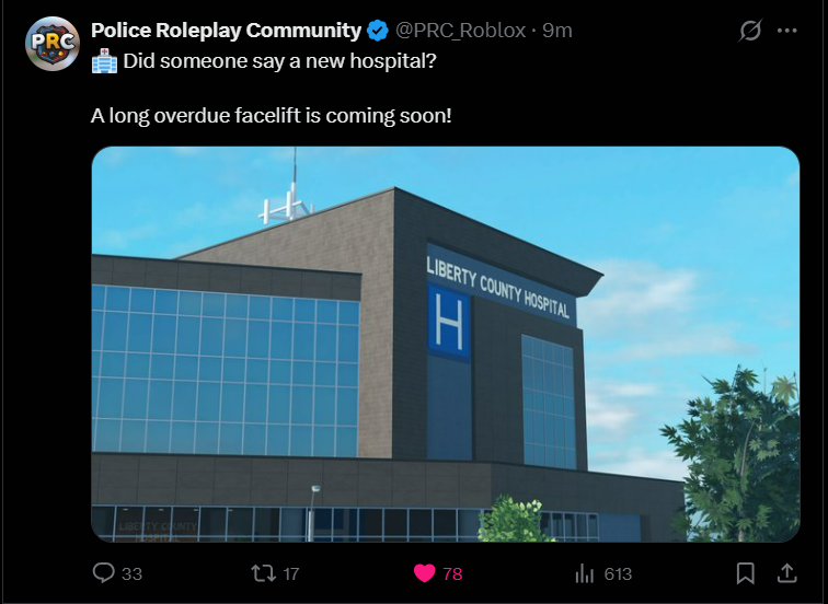 ERLCLatest's tweet photo. PRC has posted a teaser regarding the SPRING UPDATE!! Now confirming that there will be a NEW/REVAMPED Hospital! This could also be leaning towards fully revamping the medical tools and equipment. 

👉Let me know what your thoughts are about this! #Update #Spring #PRC #ERLC https://t.co/VtKCRQ8Gx8