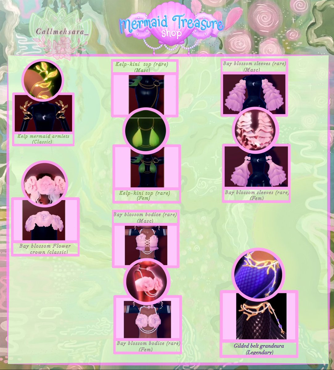 callmehsara_'s tweet photo. Flowering tails and accessories
 
(Possibly the final part unless there is more legendary)

Follow me for more mermaid shop charts ✨

Credit ⬇️ https://t.co/vmBw7QN8ab