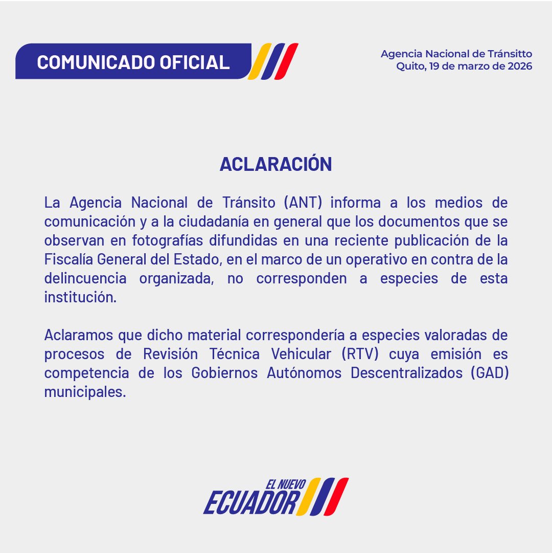 #ACLARACIÓN 📄 | Los documentos encontrados en un allanamiento realizado por <a href="/FiscaliaEcuador/">Fiscalía Ecuador</a> esta mañana, NO pertenecen a la ANT.

#ElNuevoEcuador