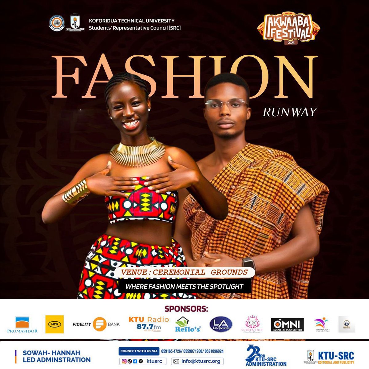 srcktu's tweet photo. Koforidua Technical University Students’ Representative Council presents FASHION RUNWAY, a highlight of the Akwaaba Festival 2026 celebrating style, creativity, and cultural expression.
📅 Date: 20th March 2026
📍 Venue: Ceremonial Grounds
#KTUSRC
#AkwaabaFestival
#FashionRunway https://t.co/WMdzoUb32S