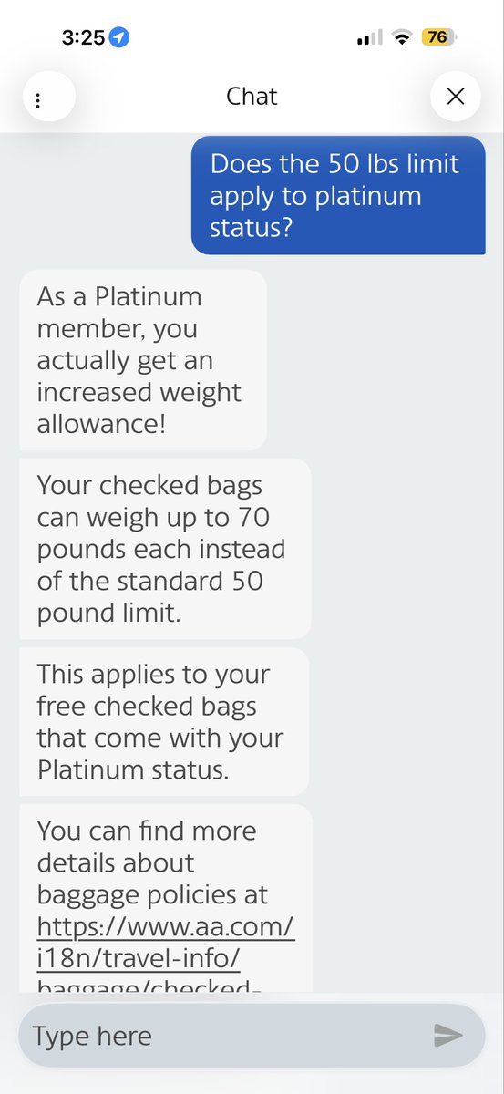 DaddyHombre's tweet photo. @AmericanAir So who is wrong @AmericanAir ? Maybe the chatbot on your app needs to be updated? This is a screenshot from a conversation with YOUR chatbot on the AA app. https://t.co/GJTaUwI0Pw