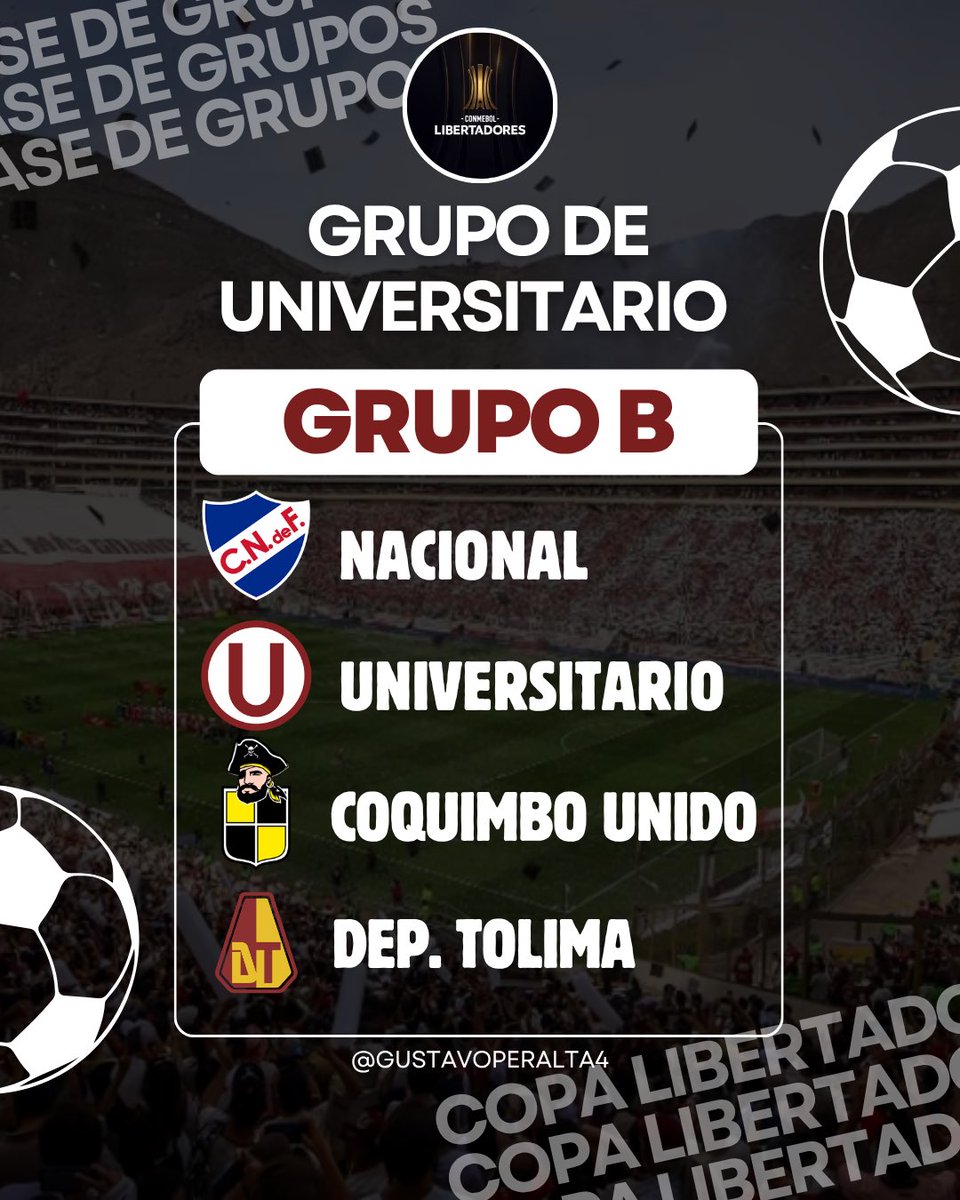 Gustavo_p4's tweet photo. Grupo B:
Nacional de Uruguay 
Universitario de Deportes 
Coquimbo Unido de Chile 
Deportes Tolima de Colombia

El cuadro crema debuta de visita ante Tolima entre el 7 y el 9 de abril. https://t.co/kRokrrrgWi