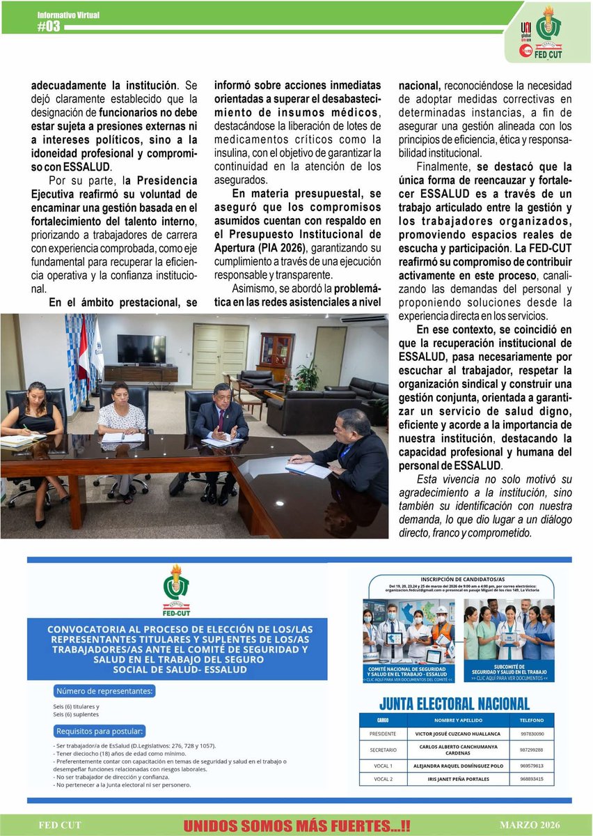 FedCut's tweet photo. 🔴#InformativoCUT03- Alta Dirección de Seguro Social de Salud del Perú - EsSalud se reúne con Federacion CUT.
📌Se planteó que, recuperar la autoridad, es esencial para revertir el desgaste de imagen y corregir prácticas de gestiones cuestionadas....
💪Unidos somo más fuertes... https://t.co/CTHGvcY5Cu