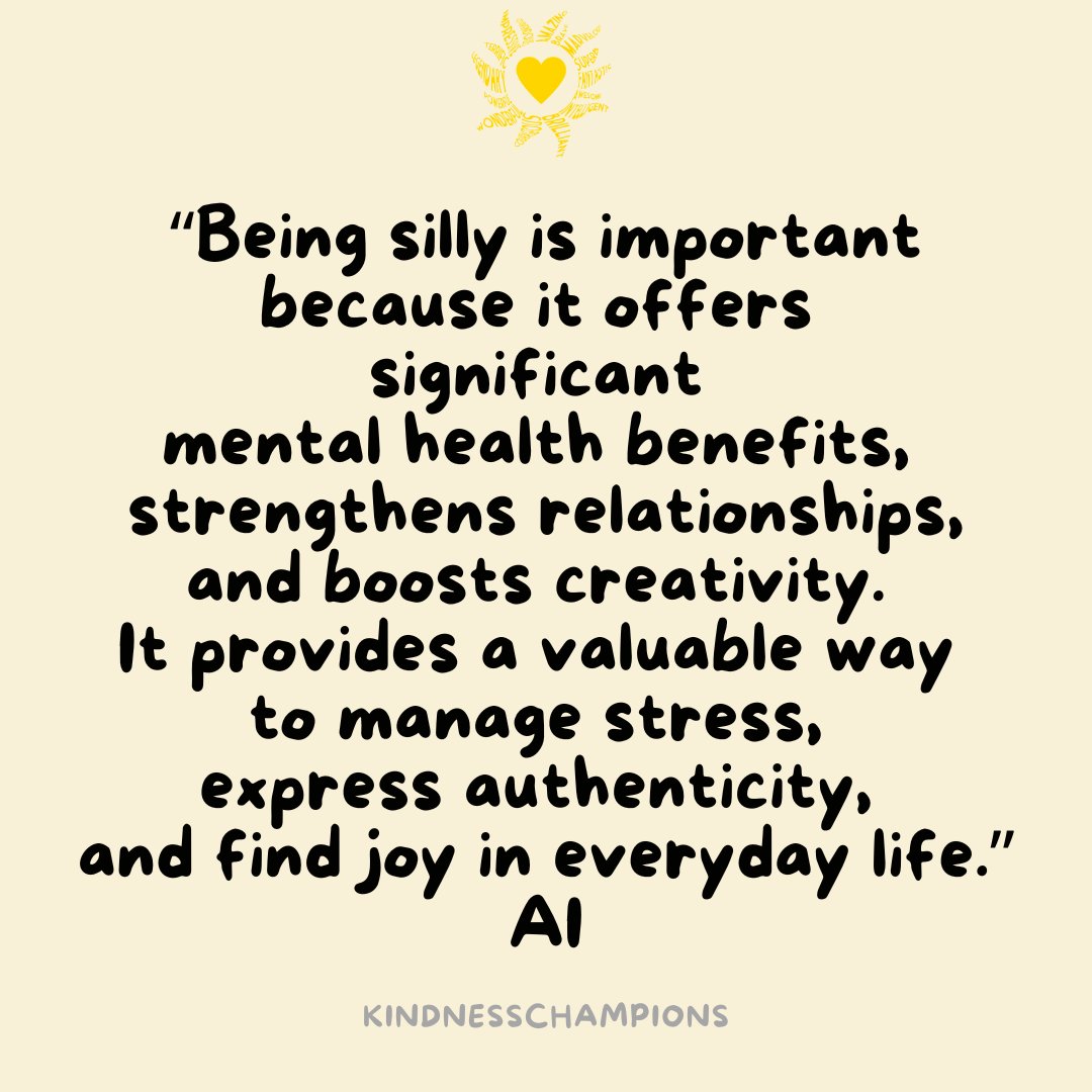 KindnessChamps's tweet image. "The body heals with play, the mind heals with laughter, &amp;amp; the spirit heals with joy." Unknown

Hey silly people🥰

Silliness, playfulness and laughter makes for a whole lot of positivity for you and ripples onto others🥸

Thanks AI😊
#youmatter #loveyou #silly #laugh❤️