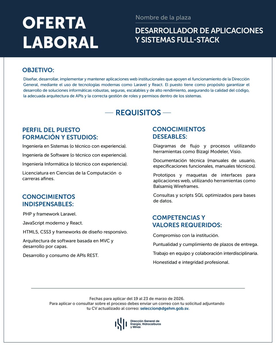 CEL_ElSalvador's tweet photo. ¡Oportunidad laboral disponible! 🔍

La Dirección General de Energía, Hidrocarburos y Minas busca talento humano para unirse a su equipo. Si cumples con los requisitos, aplica enviando tu hoja de vida del 19 al 23 de marzo de 2026. 📆 https://t.co/QafrBFq7iT
