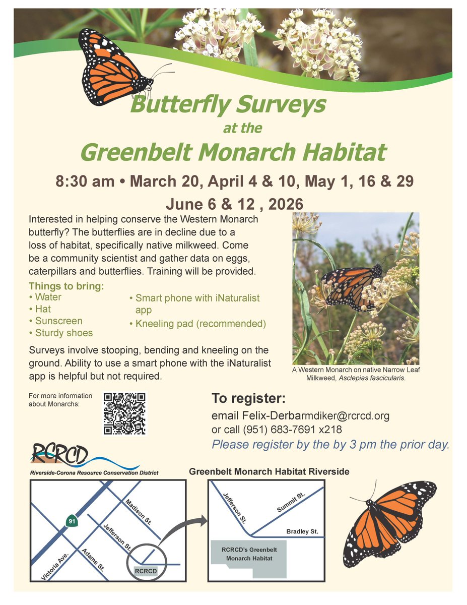 Abundanz's tweet photo. Join the Monarch butterfly Riverside, Ca survey, see flyer to register.  Friday, March 20th 830am-10am. #RCRCD https://t.co/oP8r7eoIGS