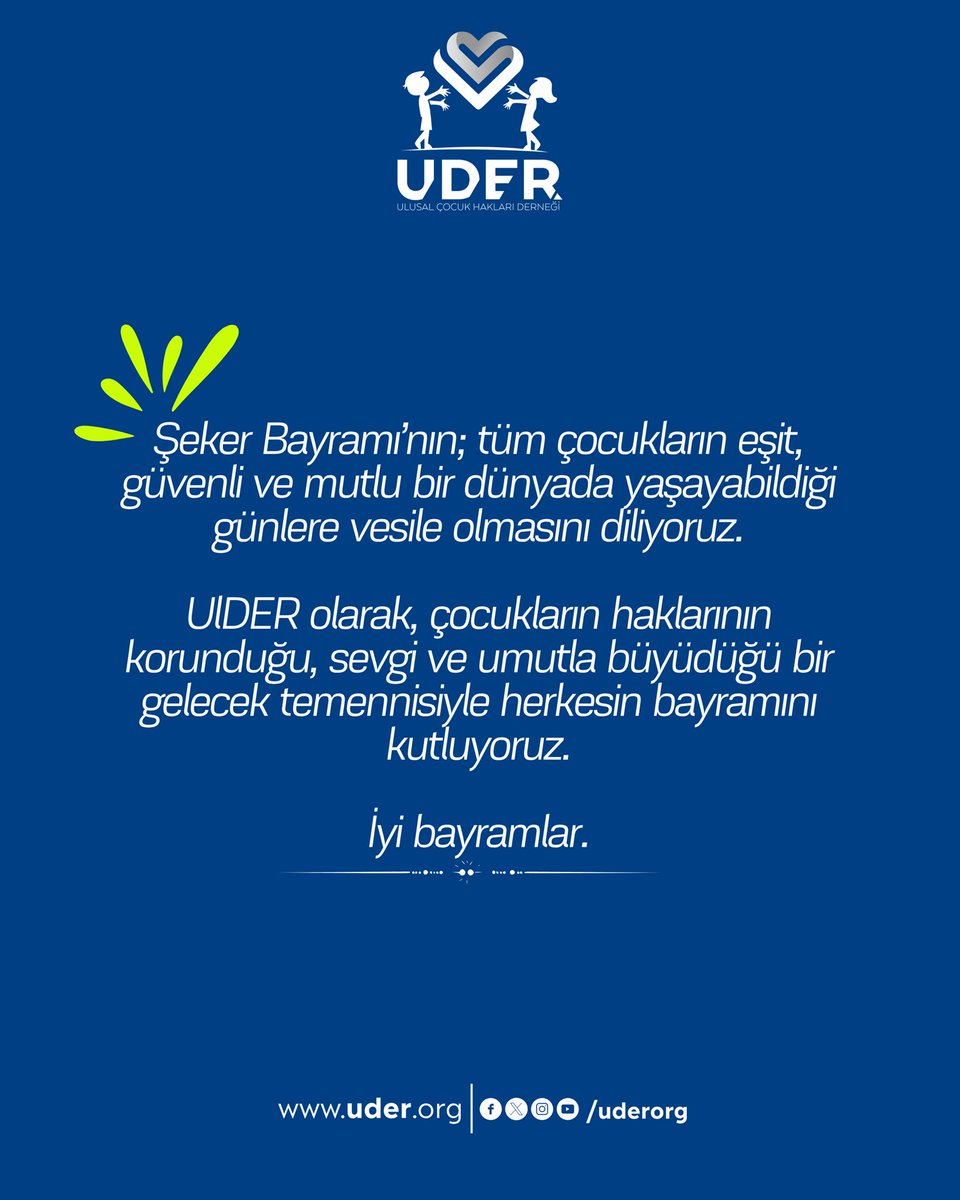 uderorg's tweet photo. Şeker Bayramı’nın; tüm çocukların eşit, güvenli ve mutlu bir dünyada yaşayabildiği günlere vesile olmasını diliyoruz.🍬
UlDER olarak, çocukların haklarının korunduğu, sevgi ve umutla büyüdüğü bir gelecek temennisiyle herkesin bayramını kutluyoruz.🎉
İyi bayramlar.
#UDER https://t.co/jK9yEDYYZZ