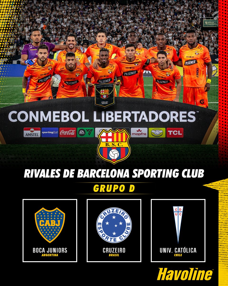 havolinedeport's tweet photo. ✅ Grupo definido para Barcelona Sporting Club en la CONMEBOL #Libertadores 🏆

🇦🇷 Boca Juniors
🇧🇷 Cruzeiro
🇨🇱 Universidad Católica

#GloriaEterna https://t.co/ve6Zw7vj8f