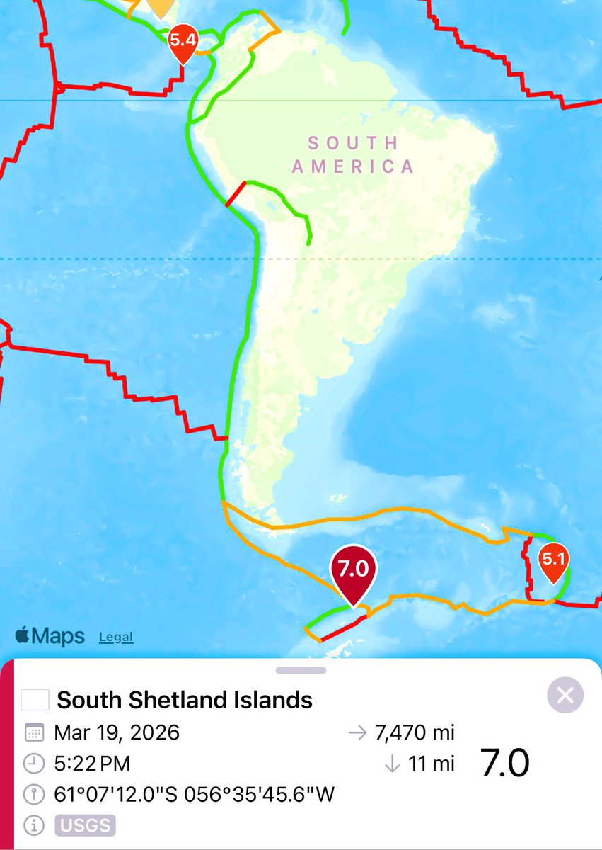 SarahLee_Hooper's tweet photo. 🚨 M7.0 Earthquake – South Shetland Islands 🌎
A strong magnitude 7.0 earthquake struck near the South Shetland Islands (Antarctica region).

📍 Depth: ~11 miles (18 km)
🕔 Time: Mar 19, 5:22 PM

This quake occurred along the boundary between the Antarctic Plate and Scotia Plate, a highly active seismic zone near the Drake Passage.

⚠️ No major population centers nearby, but notable due to magnitude and tectonic setting.

#earthquake #Antarctica #SouthShetland #seismic #USGS #geology