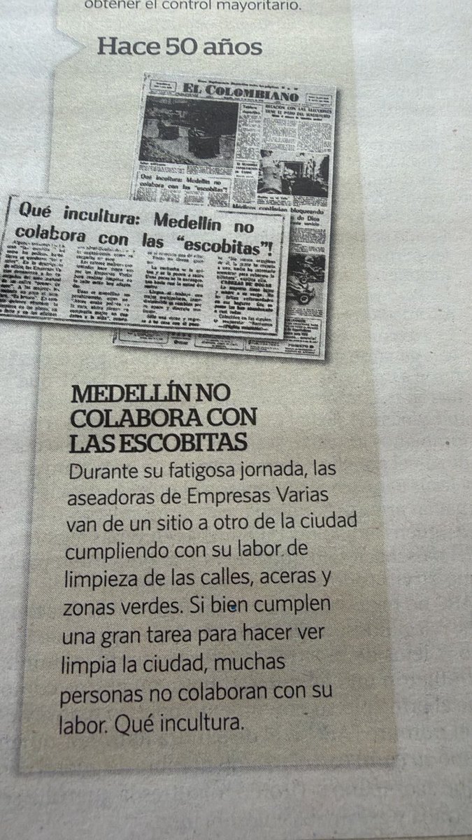 Emvarias's tweet photo. Hace 50 años, El Colombiano publicó una noticia que dolía…  Medellín estaba sucia, la gente no ayudaba y los operarios de Empresas Varias luchaban solos contra la indiferencia.

Hoy… 50 años después, la historia se repite: No es falta de capacidad, es falta de conciencia.

Seguimos dejando la basura en donde no corresponde, seguimos mirando hacia otro lado y seguimos creyendo que “alguien más” lo hará.

¿De verdad no hemos cambiado en medio siglo?

Medellín necesita más corazones que la cuiden y la protejan, ciudadanos corresponsables de la limpieza de la ciudad. Desde Emvarias lo hacemos diariamente con amor y compromiso... ¿ y tú, te animas a cuidarla también?

¡La ciudad es el reflejo de lo que somos!