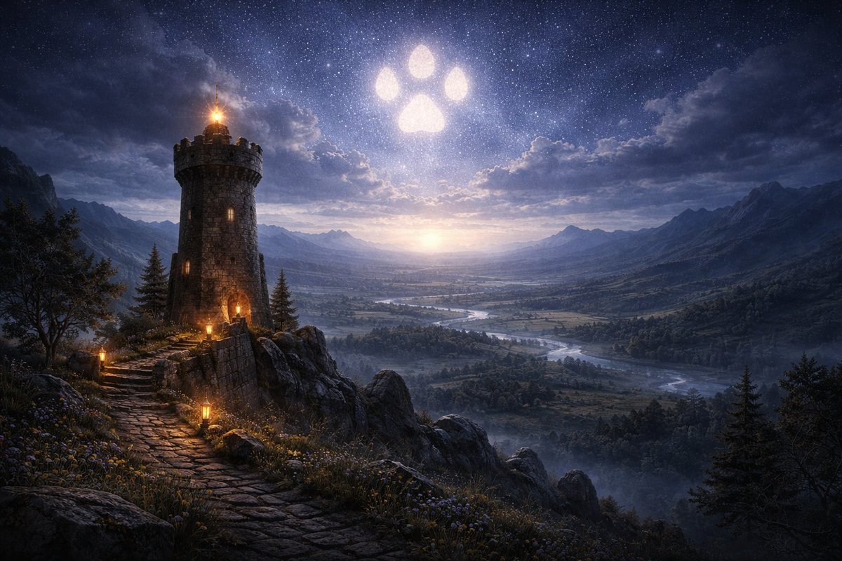 realDogenera's tweet image. Woof! Across the realm of ancient stone watchtower overlooking moonlit plains, prophecy awakens again—Dogenera’s paws leave their mark across the heavens. 🐕✨🌌🔥 #Dogenera #Dogeneration #Doge #elonmusk #prophecy #LOTR #Tolkien