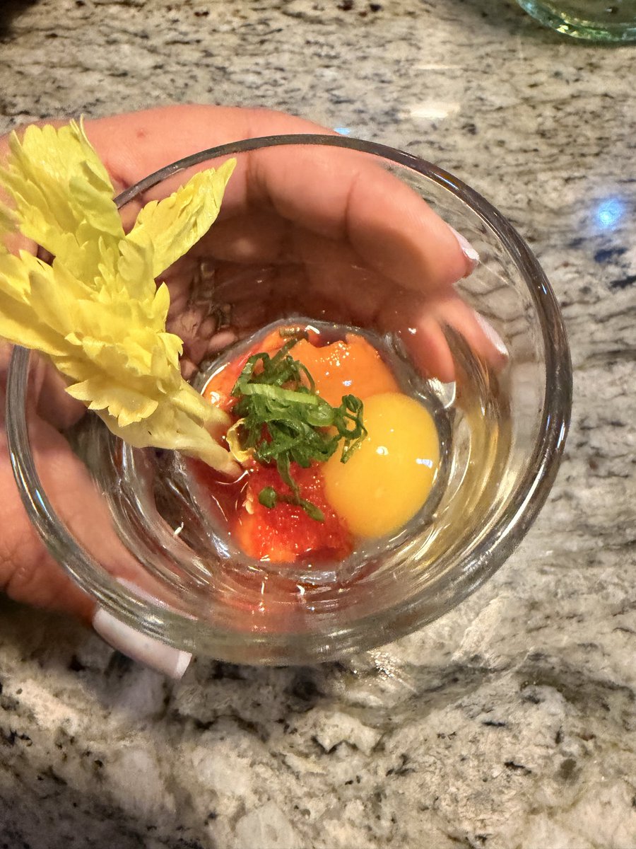 Uni (sea urchin) shooters with quail egg, I didn’t have one but it looked very interesting 🫣🥴