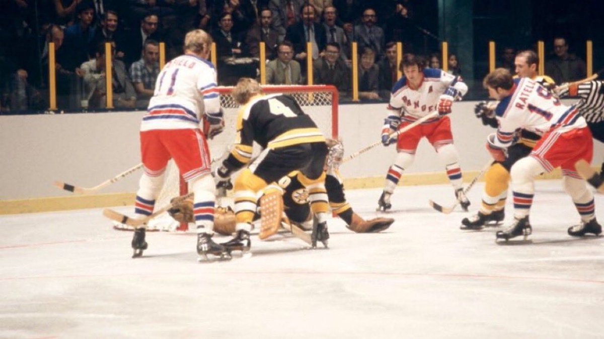 sigg20's tweet image. “Old Days”Bobby Orr and Gerry Cheevers defend against the 
“GAG”Line during an early 1970s Bruins-Rangers game at
Madison Square Garden.#Hadfield #Gilbert #Ratelle #NYR    #Rangers #Bruins #Boston #1970s #NHL