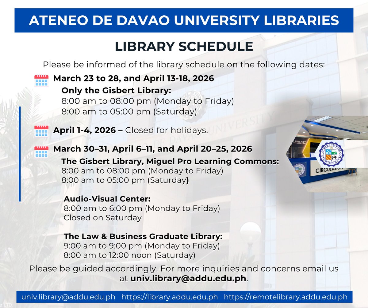 ADDU_Libraries's tweet photo. 📢 ANNOUNCEMENT: Change of Library Schedules!
In accordance with the Office of the Vice President for Higher Education memorandum, the ENERGY CONSERVATION MEASURES IN HIGHER EDUCATION CLASSES, there will be changes in the operation schedules of the University Libraries. https://t.co/szYPSh0ugc